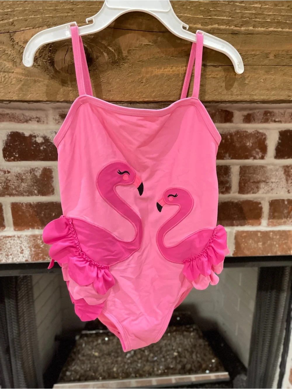 Girls Pink Flamingo Ruffle One-Piece Swimsuit size 7